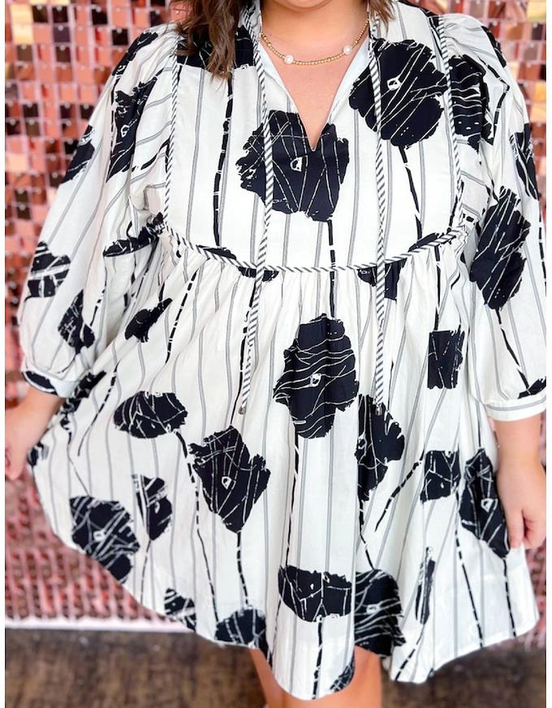 Black Plus Size Floral 3/4 Puff Sleeve Lace-up Neck Mini Dress, 15 of 14