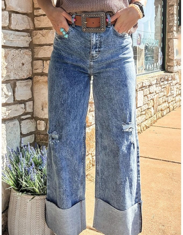 Ashleigh Blue Mineral Wash Bottom Cuff Distressed Wide Leg Jeans