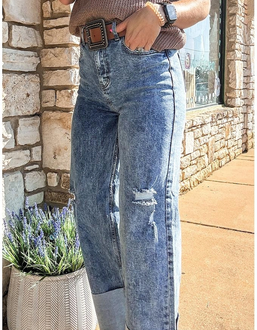 Ashleigh Blue Mineral Wash Bottom Cuff Distressed Wide Leg Jeans