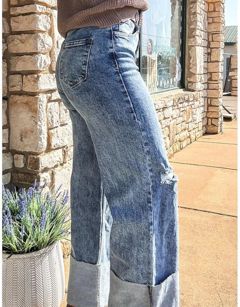 Ashleigh Blue Mineral Wash Bottom Cuff Distressed Wide Leg Jeans