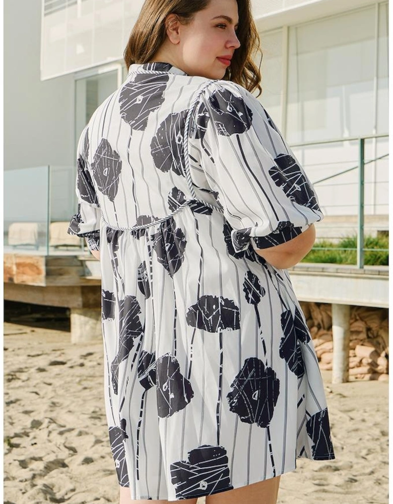 Black Plus Size Floral 3/4 Puff Sleeve Lace-up Neck Mini Dress