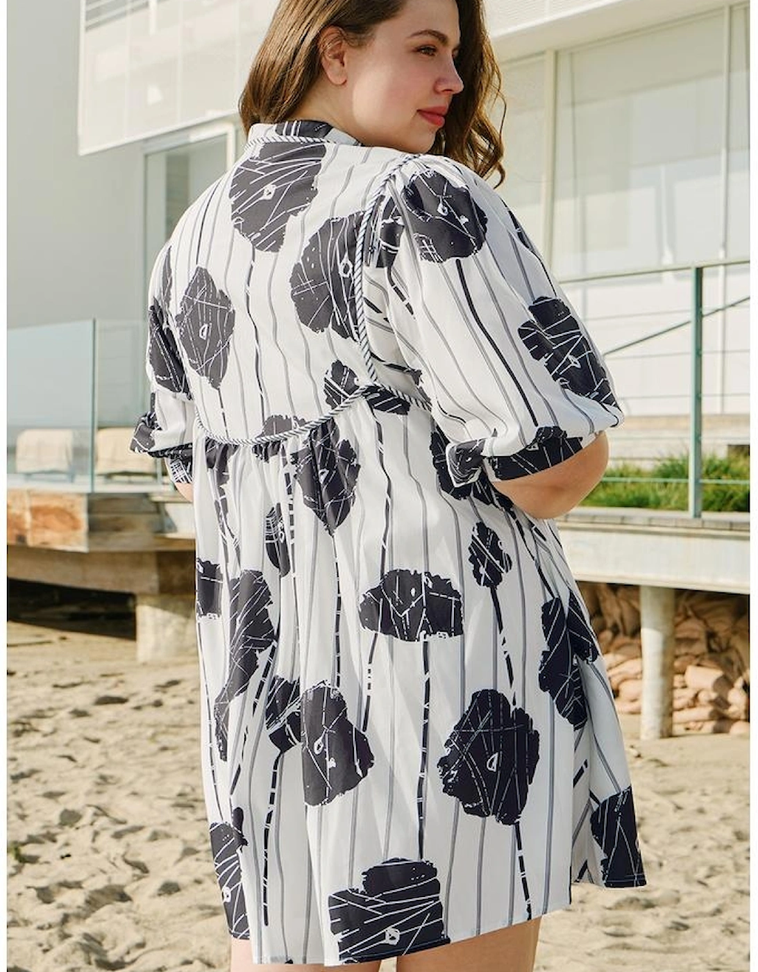 Black Plus Size Floral 3/4 Puff Sleeve Lace-up Neck Mini Dress