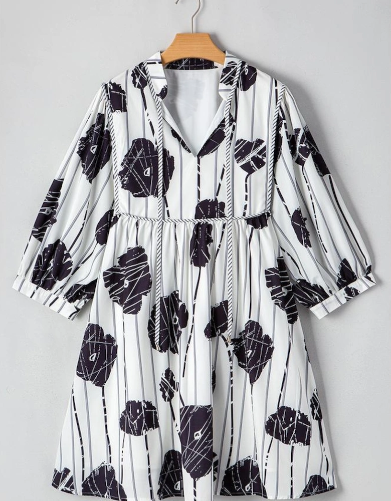 Black Plus Size Floral 3/4 Puff Sleeve Lace-up Neck Mini Dress