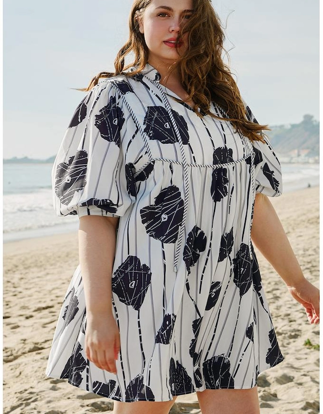 Black Plus Size Floral 3/4 Puff Sleeve Lace-up Neck Mini Dress