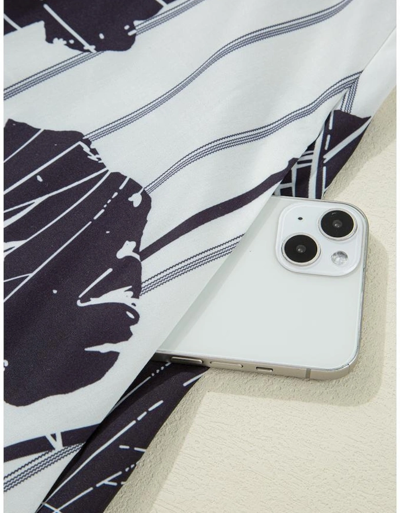 Black Plus Size Floral 3/4 Puff Sleeve Lace-up Neck Mini Dress