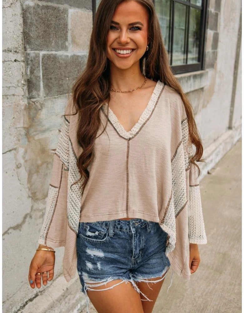Parchment Crochet Detail Exposed Seam High Low Loose Top