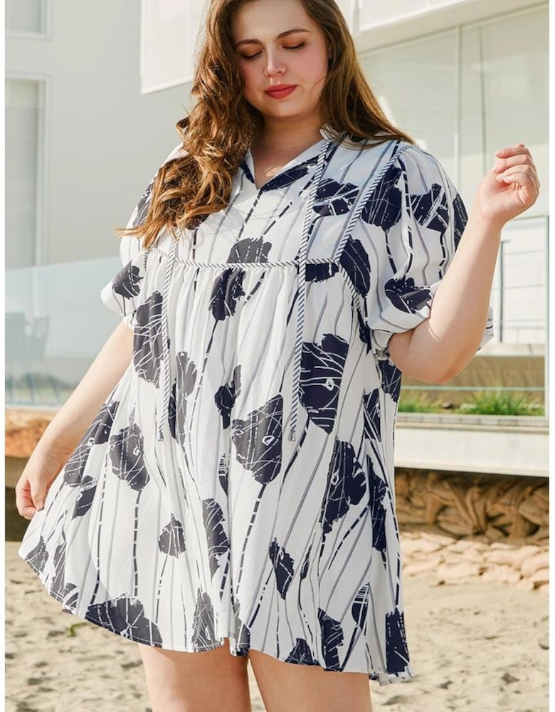 Black Plus Size Floral 3/4 Puff Sleeve Lace-up Neck Mini Dress