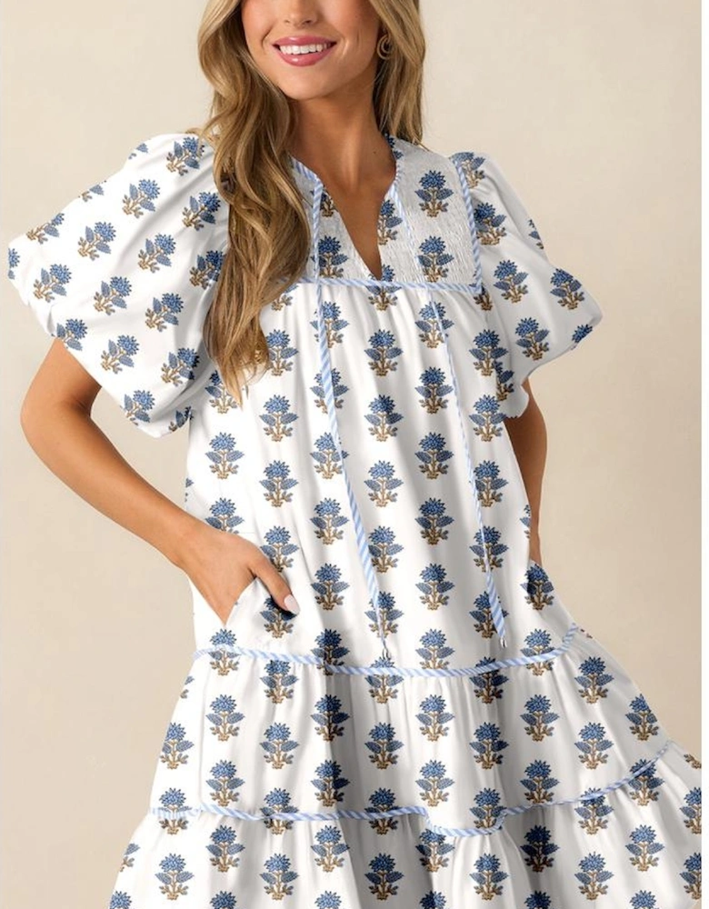 Sky Blue Floral Puff Sleeve Tied Neck Pocketed Mini Dress
