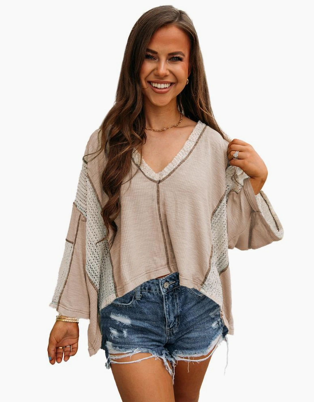 Parchment Crochet Detail Exposed Seam High Low Loose Top