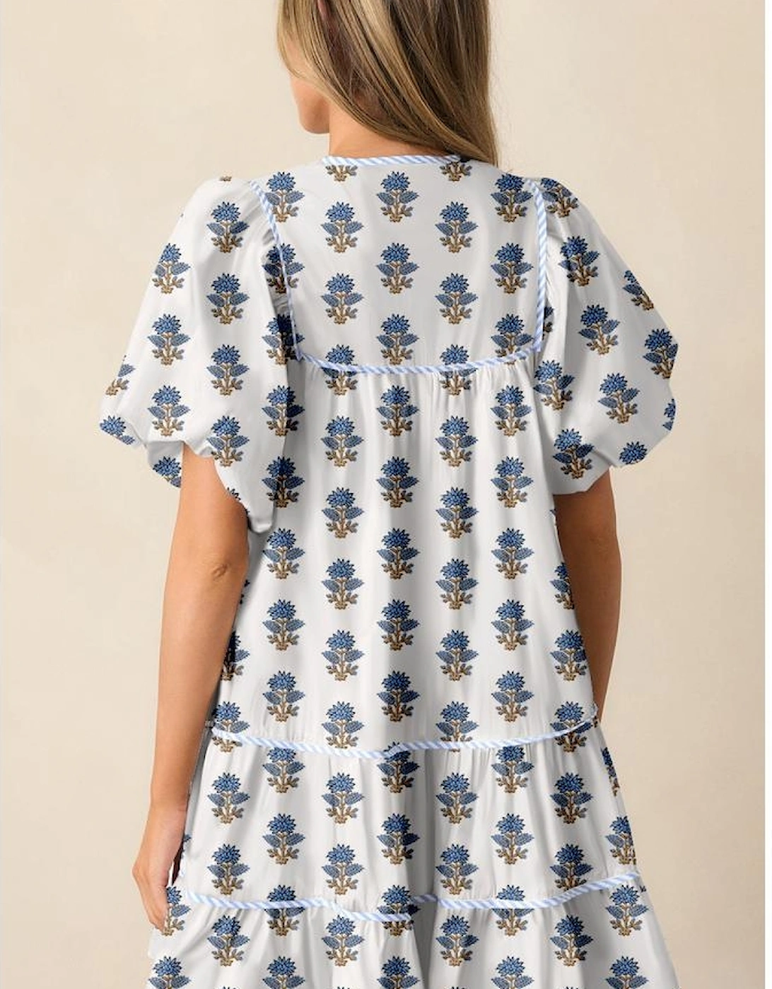 Sky Blue Floral Puff Sleeve Tied Neck Pocketed Mini Dress, 14 of 13