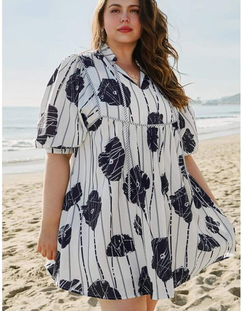 Black Plus Size Floral 3/4 Puff Sleeve Lace-up Neck Mini Dress