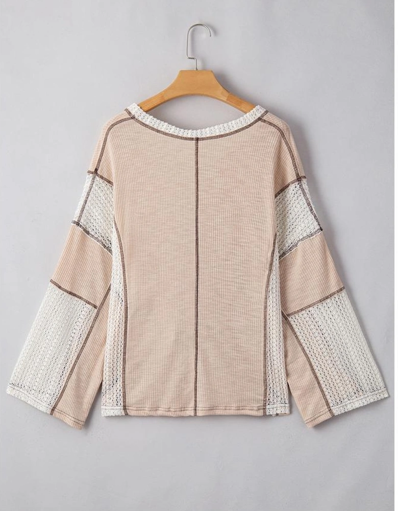 Parchment Crochet Detail Exposed Seam High Low Loose Top