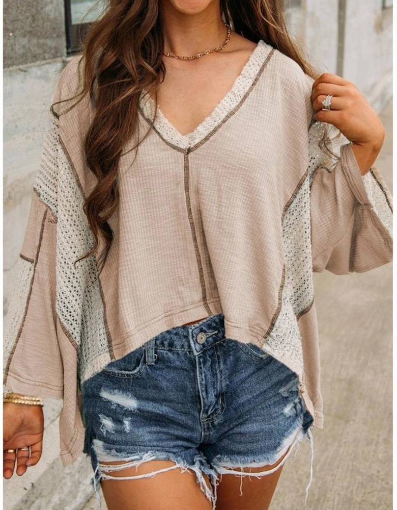 Parchment Crochet Detail Exposed Seam High Low Loose Top
