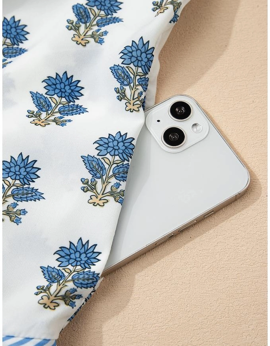 Sky Blue Floral Puff Sleeve Tied Neck Pocketed Mini Dress