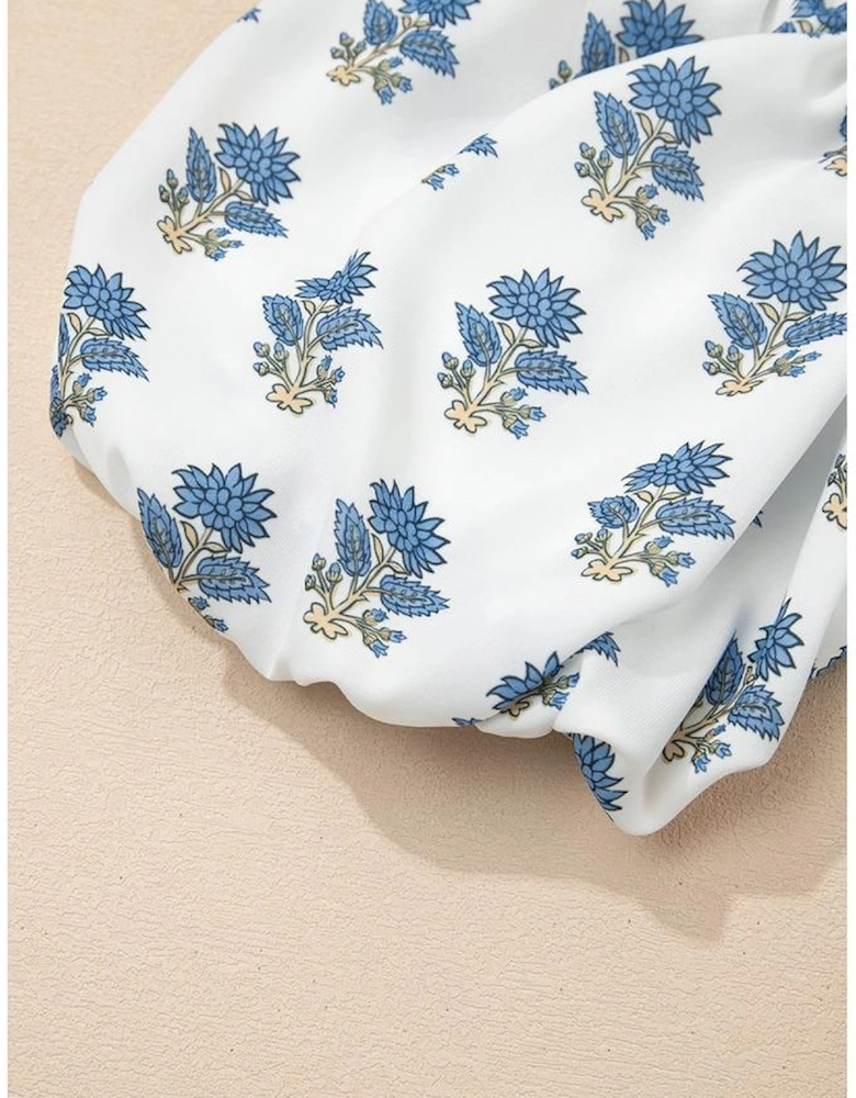 Sky Blue Floral Puff Sleeve Tied Neck Pocketed Mini Dress