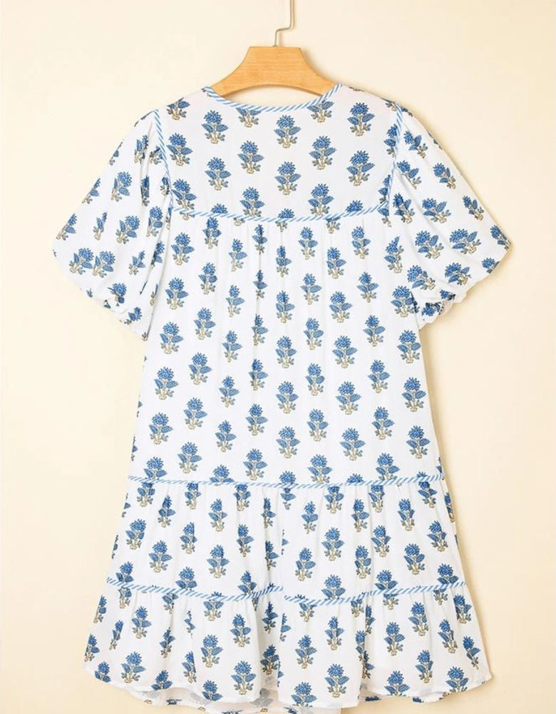 Sky Blue Floral Puff Sleeve Tied Neck Pocketed Mini Dress