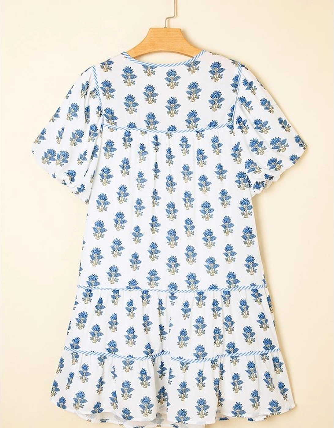 Sky Blue Floral Puff Sleeve Tied Neck Pocketed Mini Dress