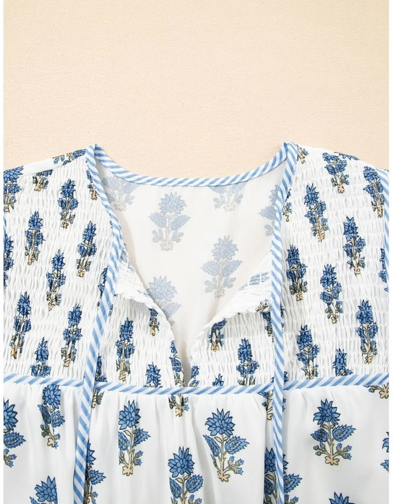 Sky Blue Floral Puff Sleeve Tied Neck Pocketed Mini Dress