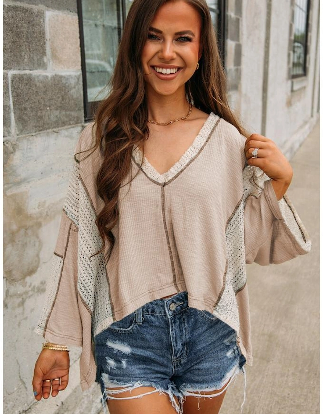 Parchment Crochet Detail Exposed Seam High Low Loose Top