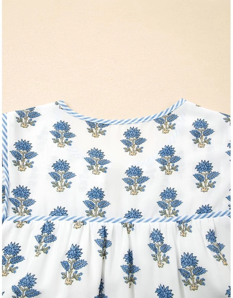 Sky Blue Floral Puff Sleeve Tied Neck Pocketed Mini Dress