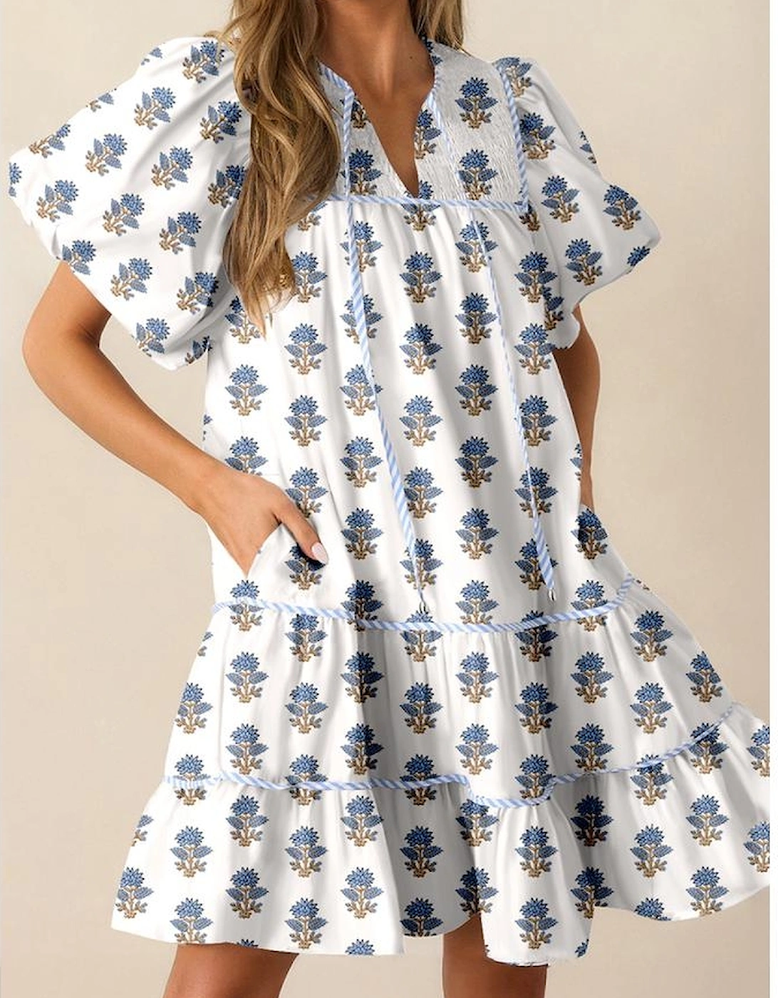 Sky Blue Floral Puff Sleeve Tied Neck Pocketed Mini Dress