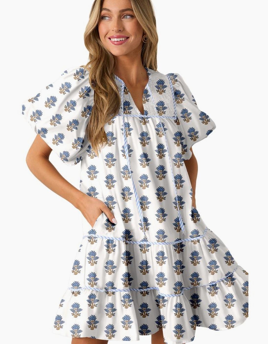 Sky Blue Floral Puff Sleeve Tied Neck Pocketed Mini Dress