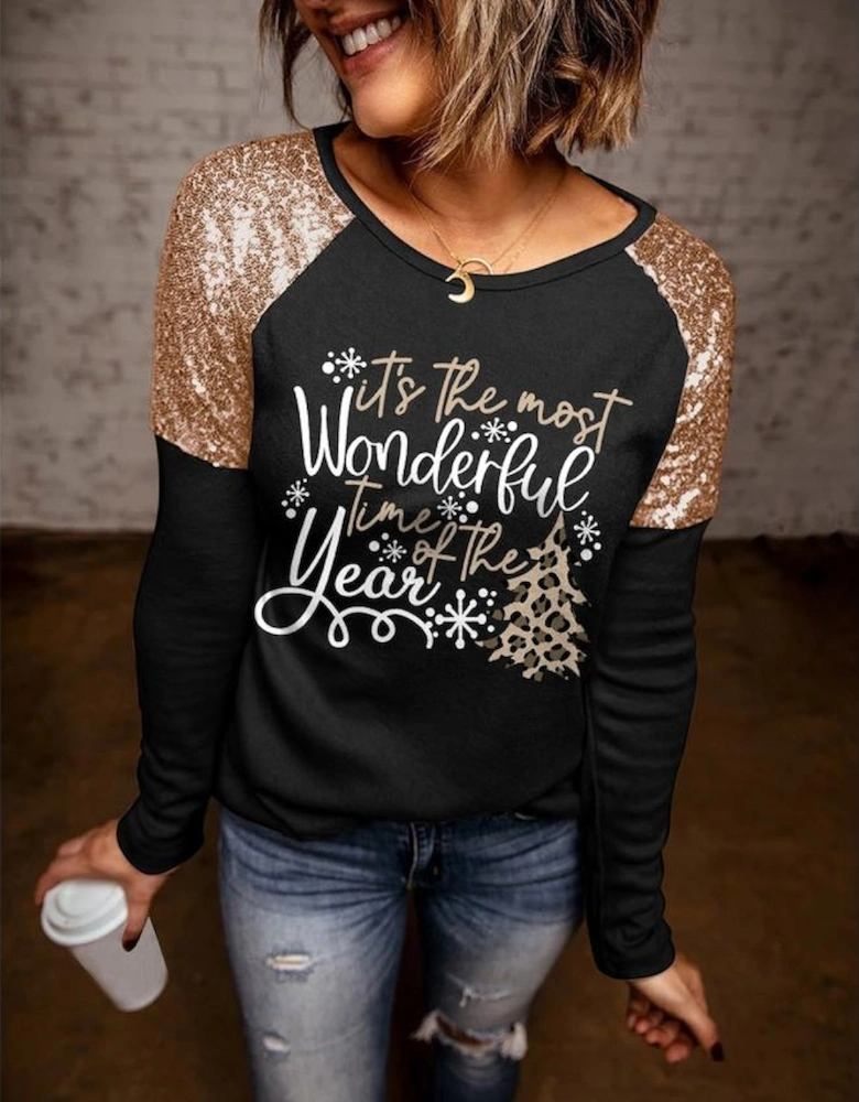 Black Wonderful Christmas Season Graphic Sequin Shoulder Top