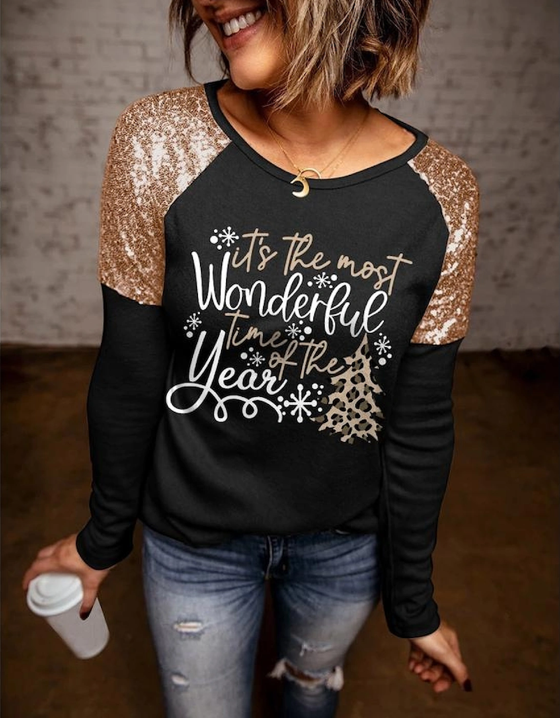 Black Wonderful Christmas Season Graphic Sequin Shoulder Top
