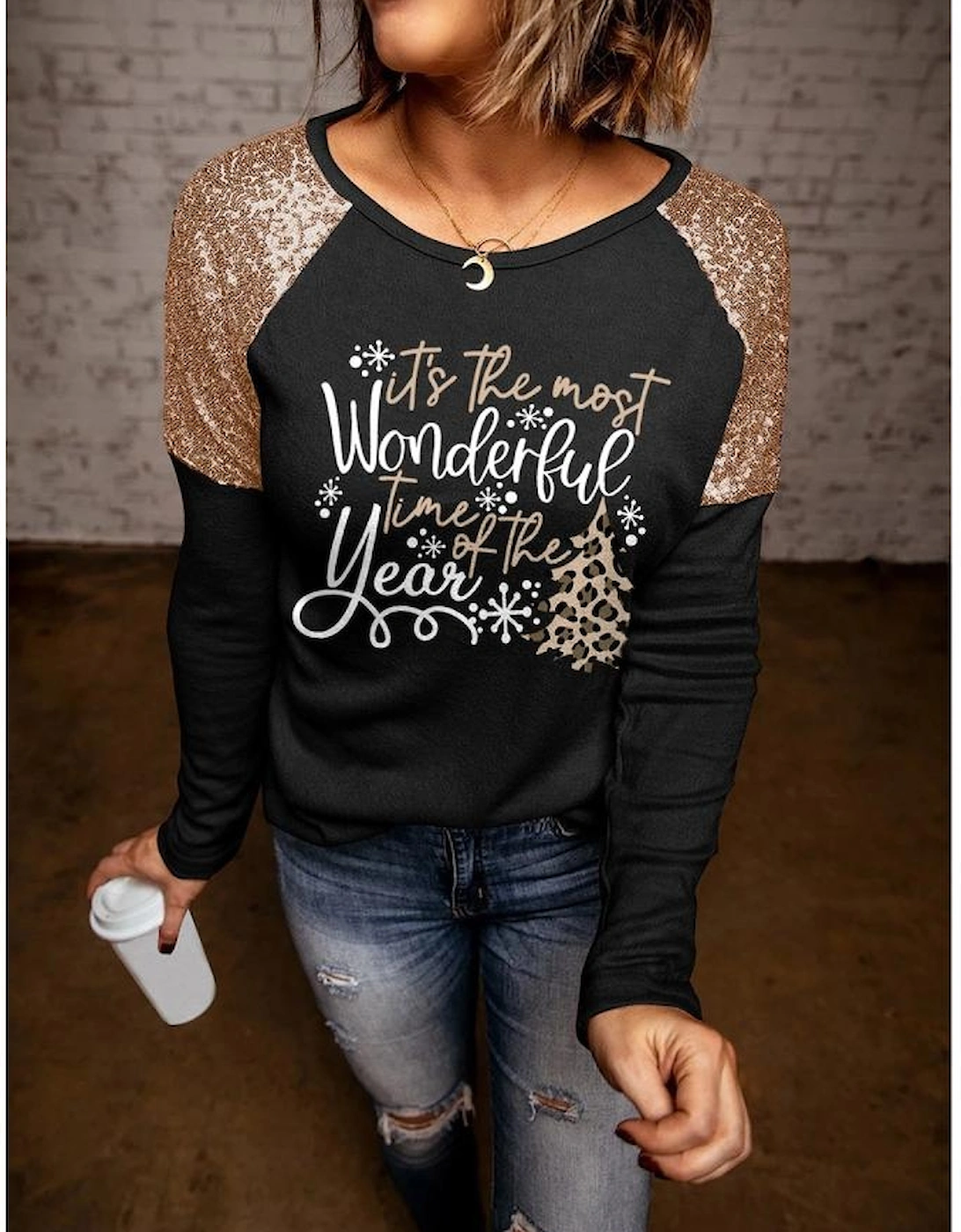 Black Wonderful Christmas Season Graphic Sequin Shoulder Top, 4 of 3