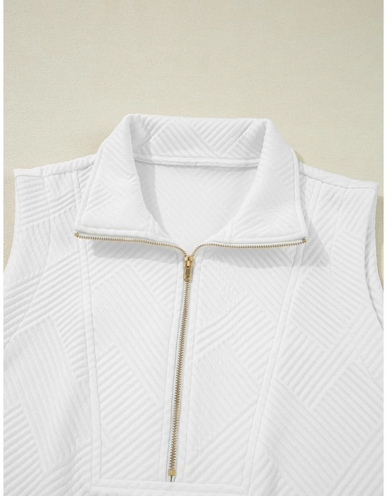 White Textured Half Zip Tank Top Drawstring Shorts Set