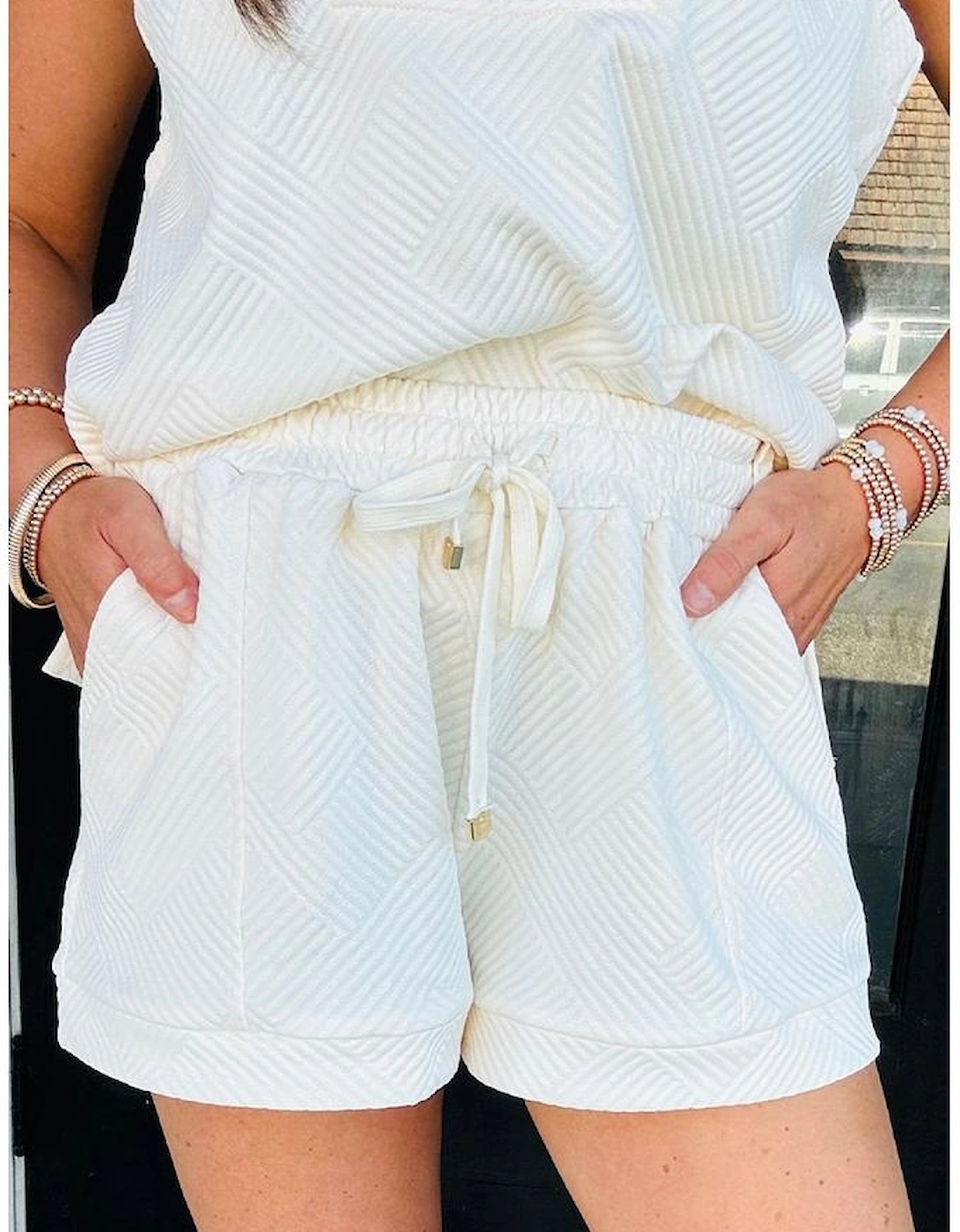 White Textured Half Zip Tank Top Drawstring Shorts Set