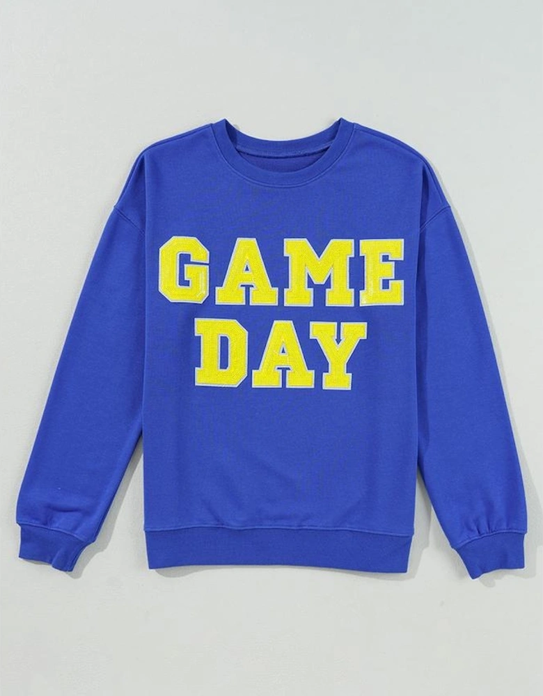 Dark Blue Game Day Crew Neck Graphic Pullover Sweatshirt