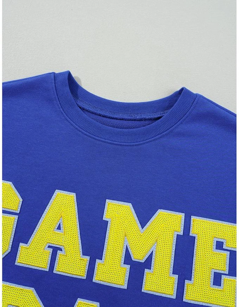 Dark Blue Game Day Crew Neck Graphic Pullover Sweatshirt