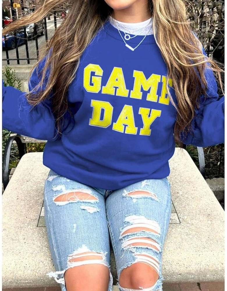 Dark Blue Game Day Crew Neck Graphic Pullover Sweatshirt
