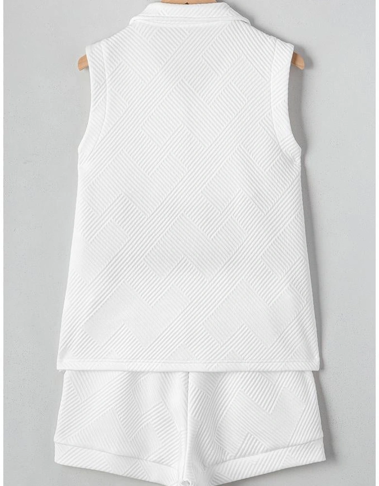 White Textured Half Zip Tank Top Drawstring Shorts Set