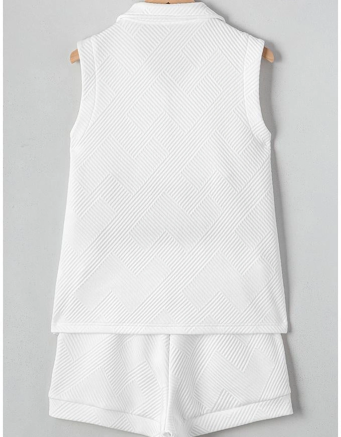 White Textured Half Zip Tank Top Drawstring Shorts Set