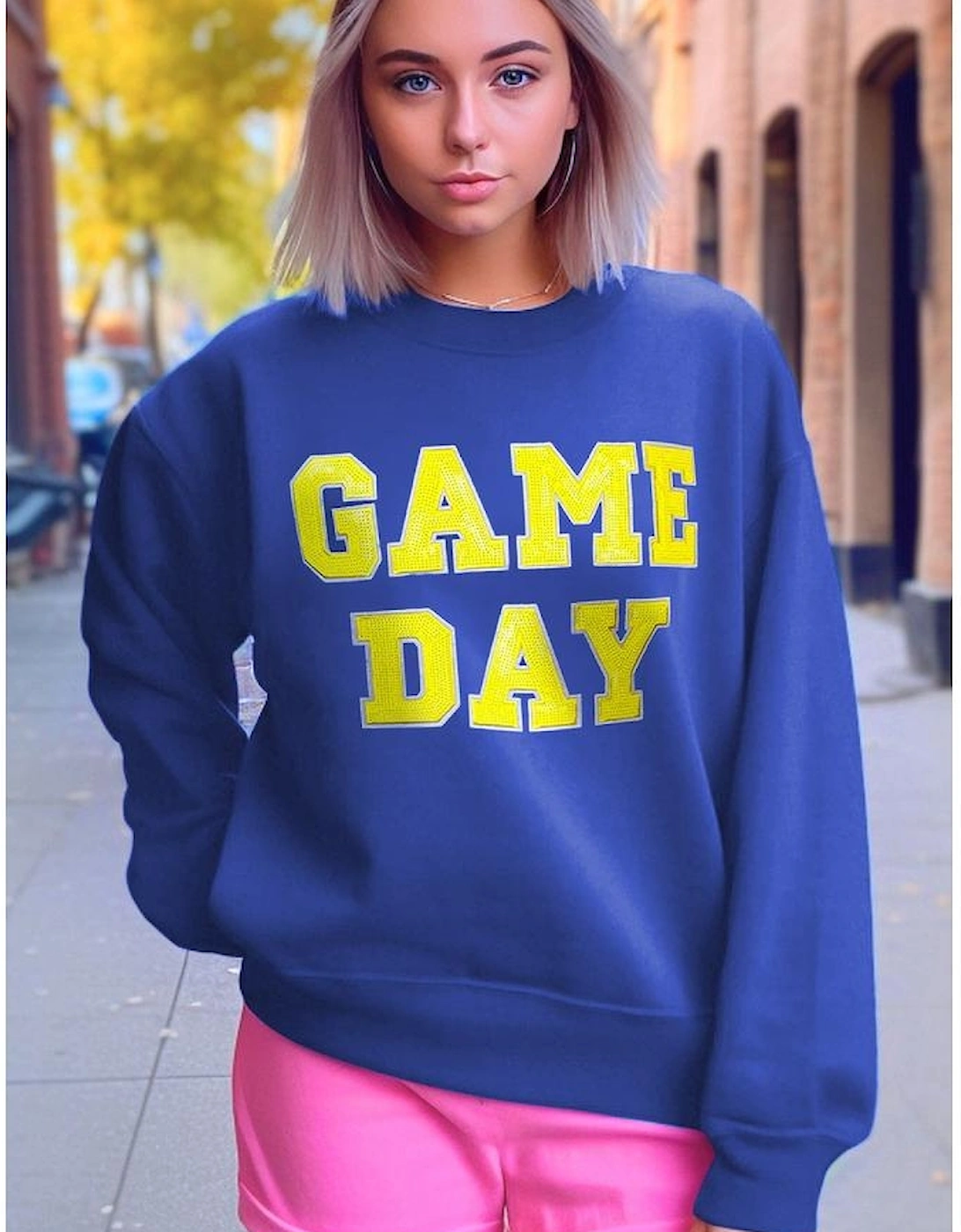 Dark Blue Game Day Crew Neck Graphic Pullover Sweatshirt