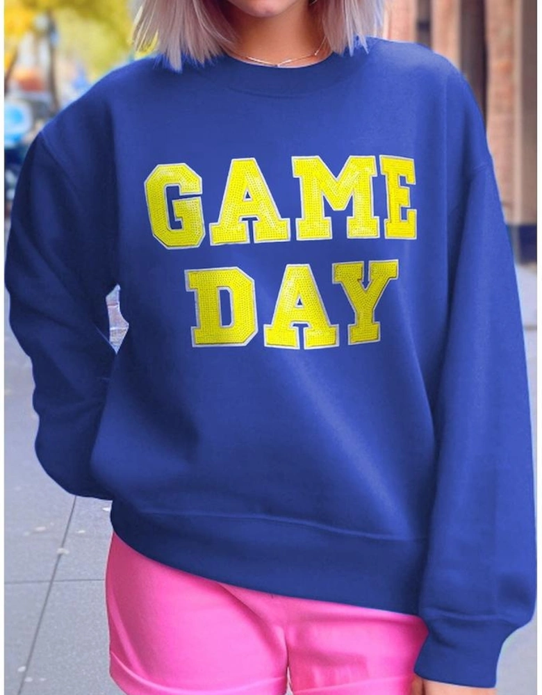 Dark Blue Game Day Crew Neck Graphic Pullover Sweatshirt