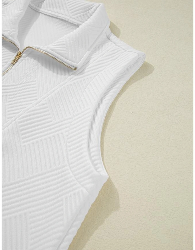 White Textured Half Zip Tank Top Drawstring Shorts Set