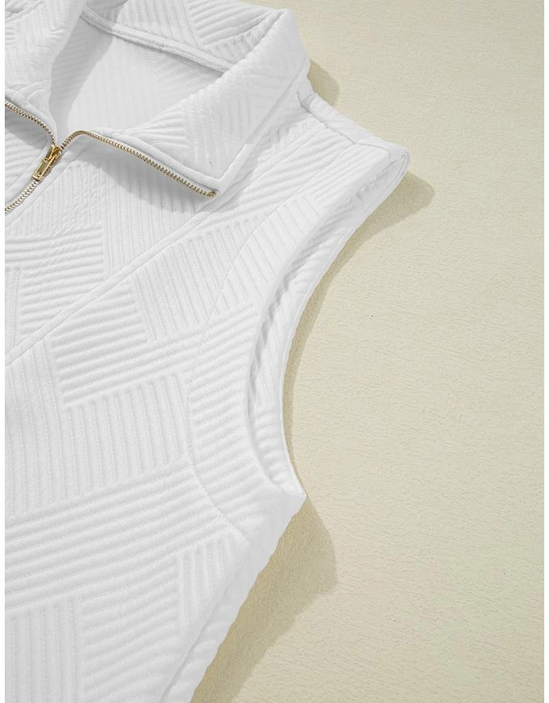 White Textured Half Zip Tank Top Drawstring Shorts Set