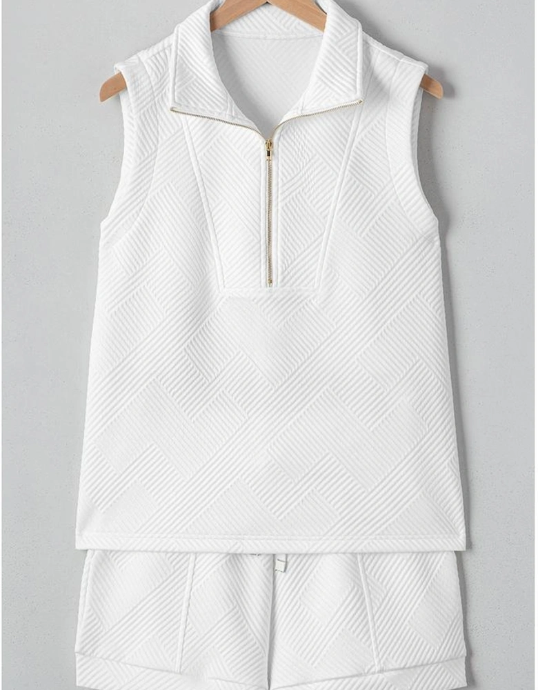 White Textured Half Zip Tank Top Drawstring Shorts Set