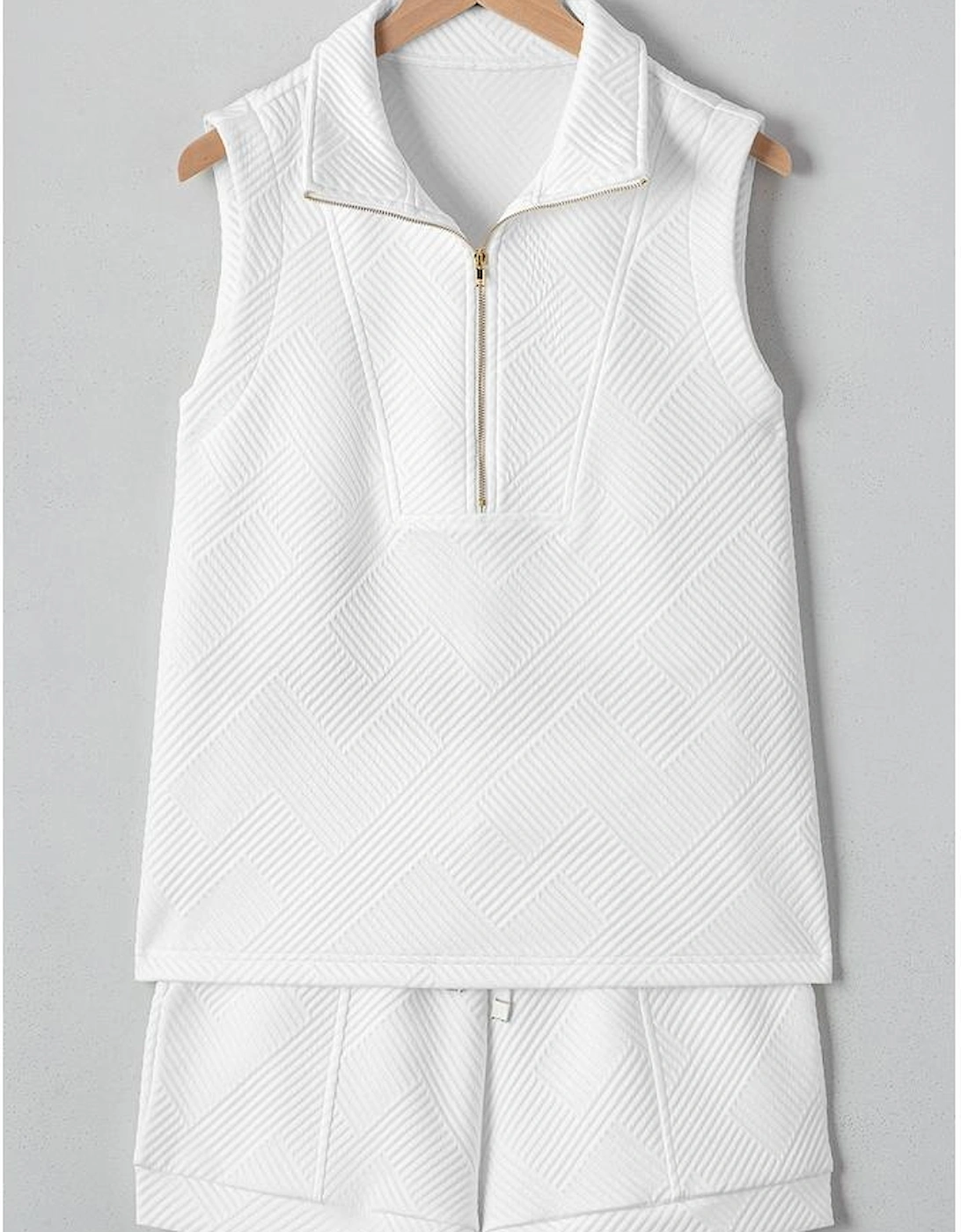 White Textured Half Zip Tank Top Drawstring Shorts Set