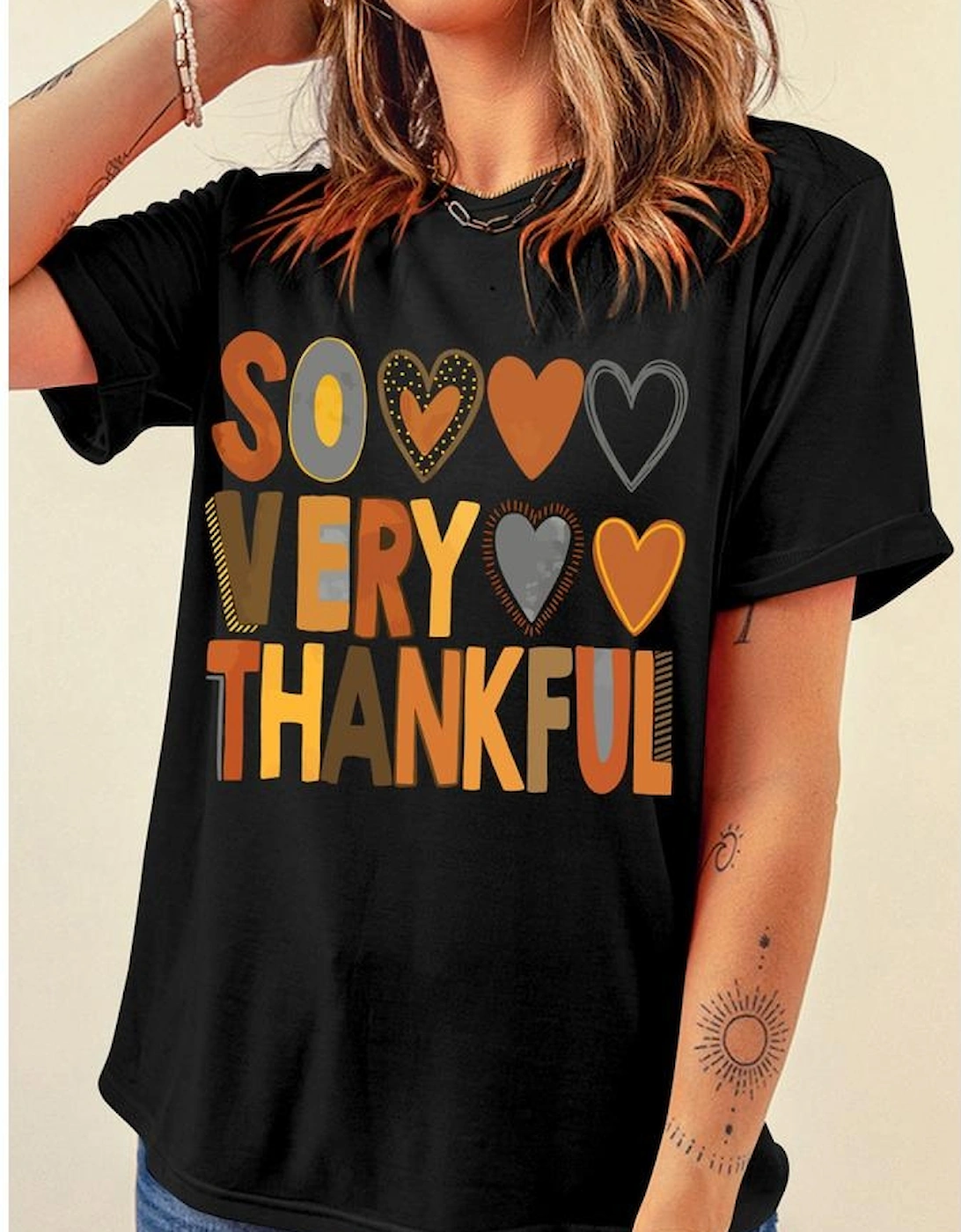 Black So Very Thankful Heart Printed Crewneck Thanksgiving T Shirt, 8 of 7