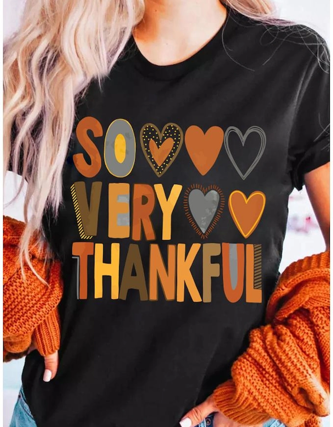 Black So Very Thankful Heart Printed Crewneck Thanksgiving T Shirt