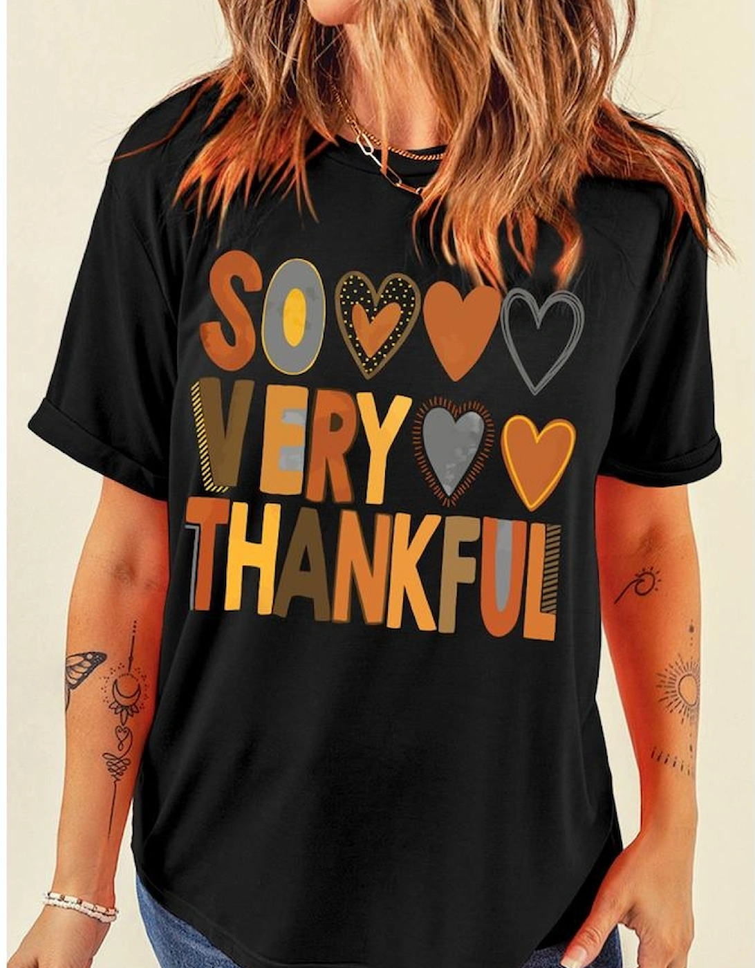 Black So Very Thankful Heart Printed Crewneck Thanksgiving T Shirt