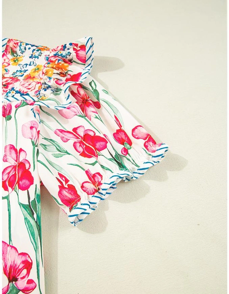 Pink Plus Size Floral Print Striped Trim V Neck Blouse