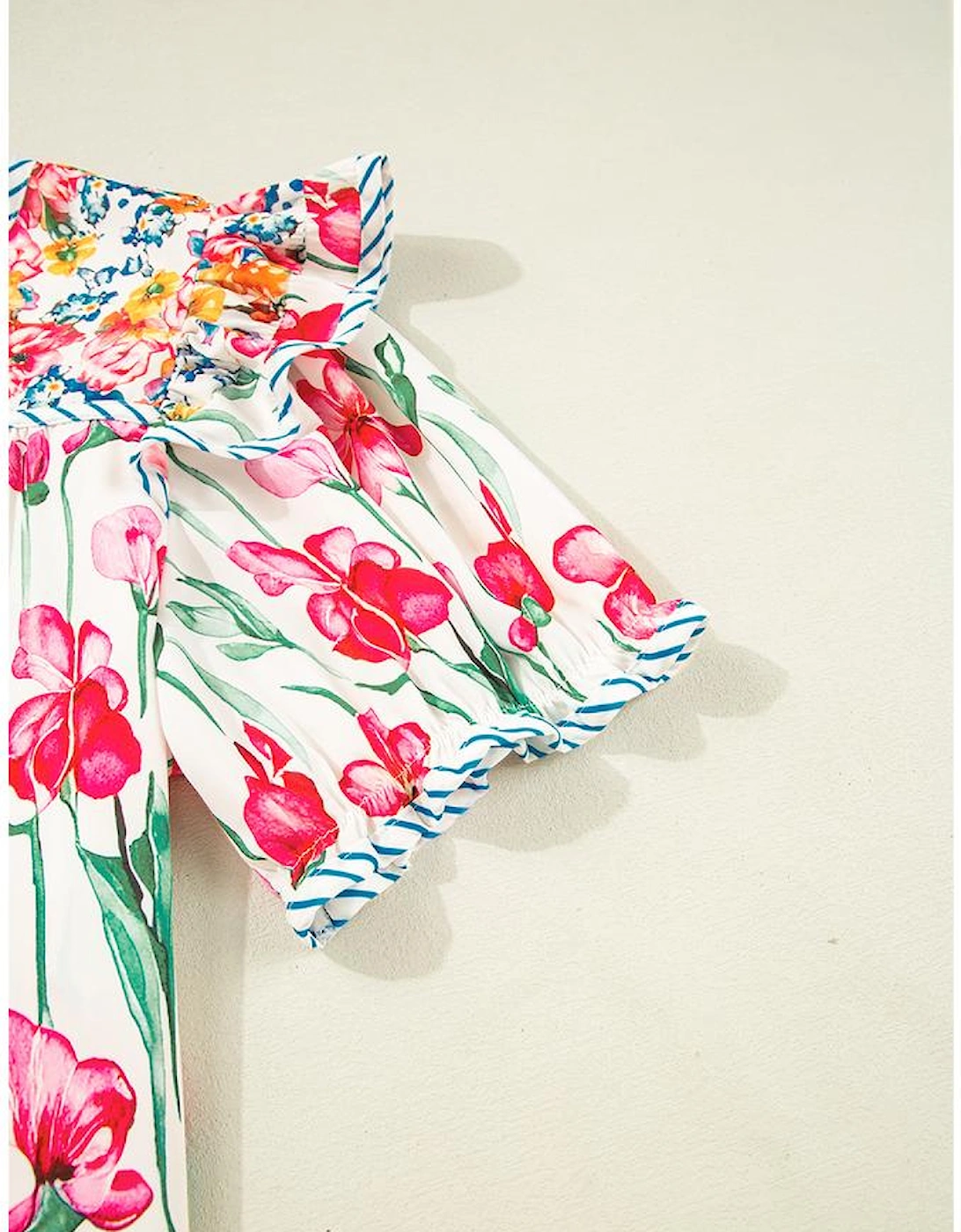 Pink Plus Size Floral Print Striped Trim V Neck Blouse