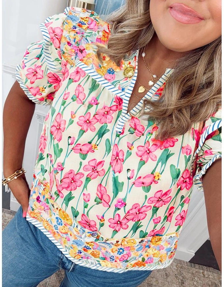 Pink Plus Size Floral Print Striped Trim V Neck Blouse