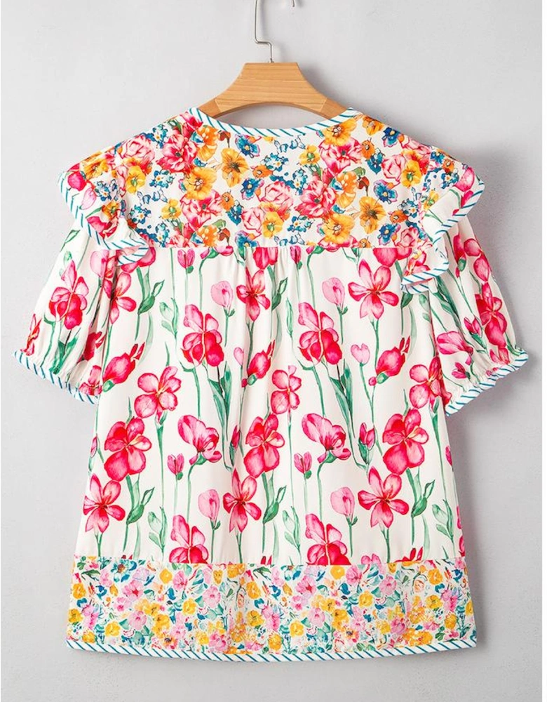 Pink Plus Size Floral Print Striped Trim V Neck Blouse