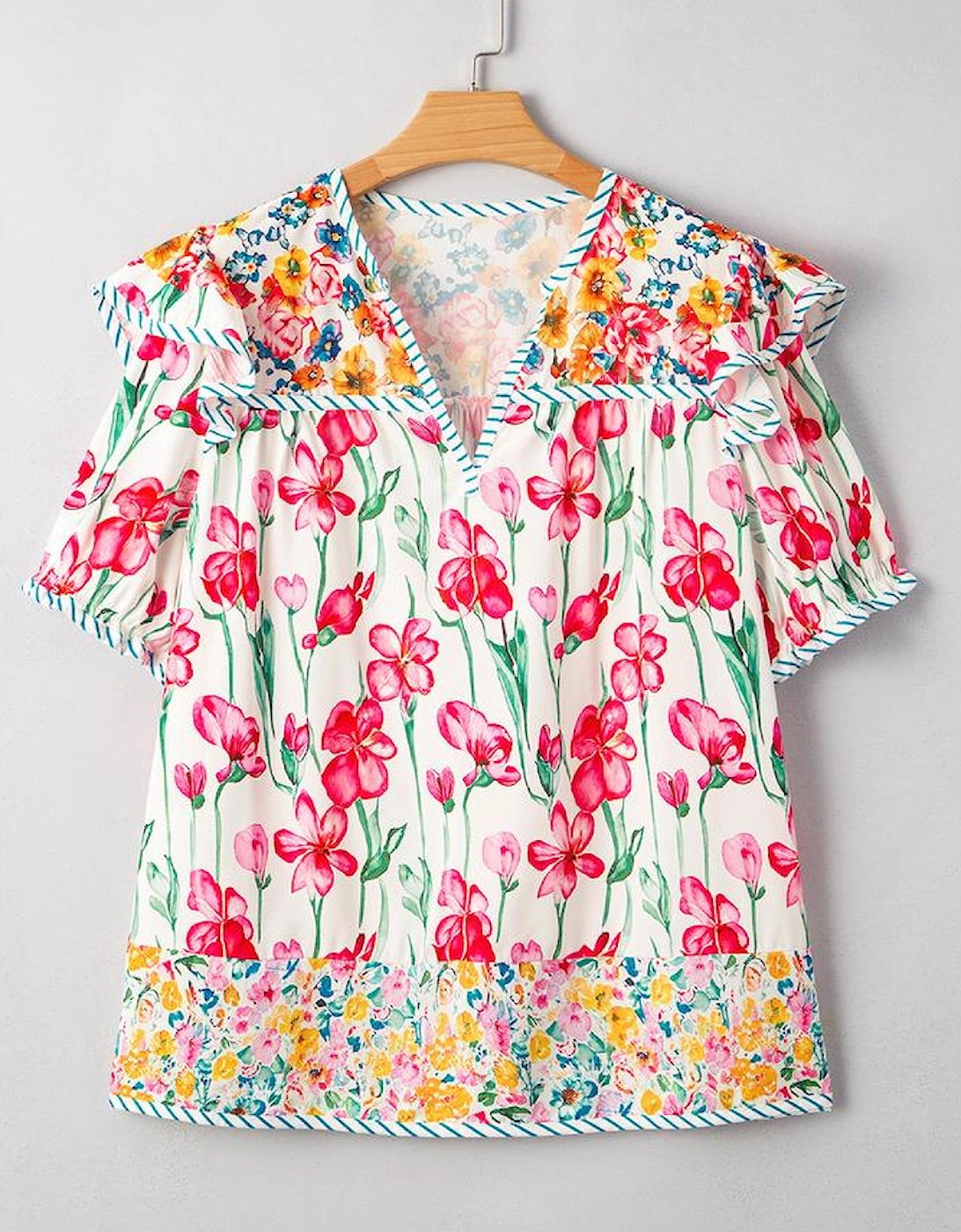 Pink Plus Size Floral Print Striped Trim V Neck Blouse, 10 of 9